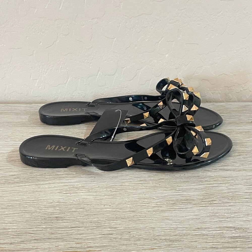 New Mixit Sandals 6 Black Gold Stud Bow Ribbon Thong Beach Pool NWT Rockstud - Picture 4 of 7